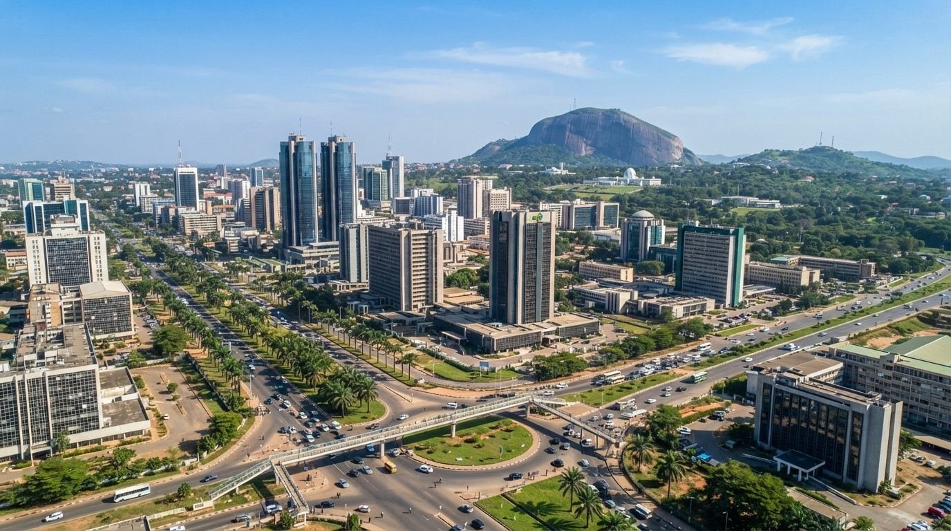 Aerial view of Abuja's Central Business District with Aso Rock in the background.