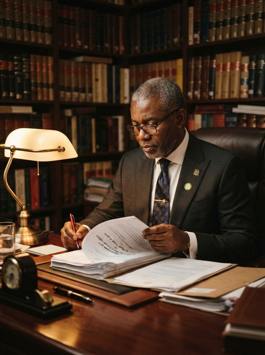 A Nigerian senior counsel reviewing case papers at his desk in chambers, lined with law reports.