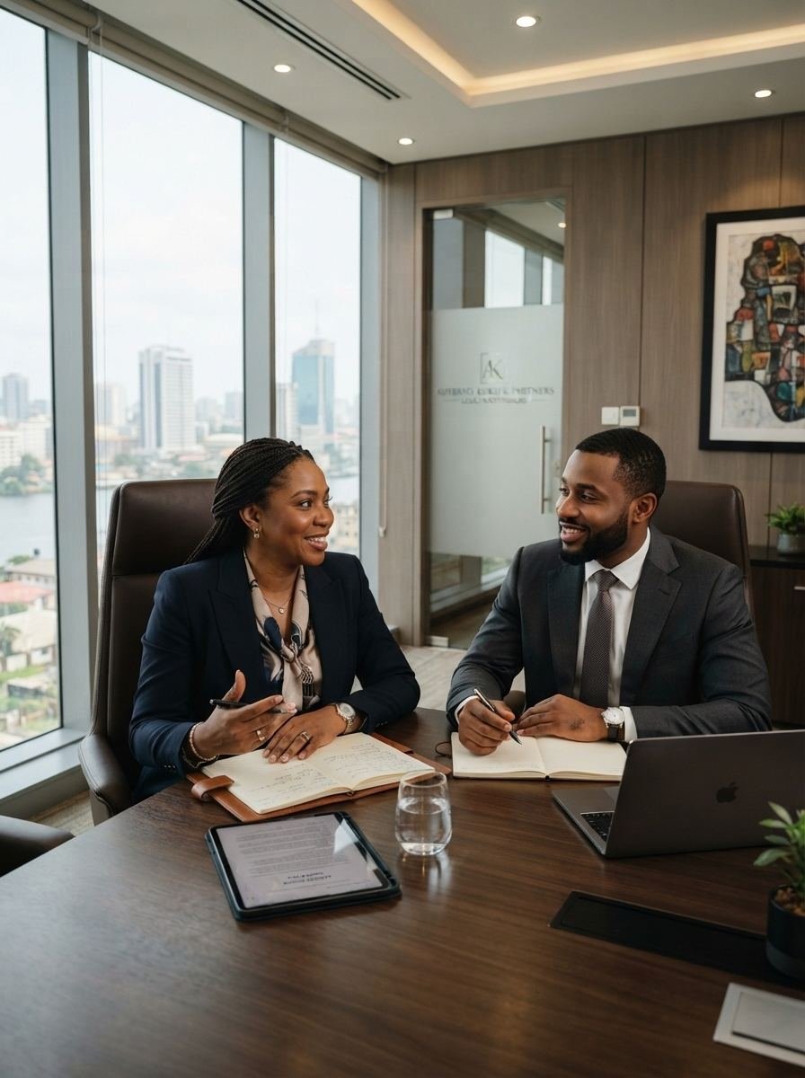 Two Nigerian legal professionals in conversation at a conference table, city skyline through the window behind them.