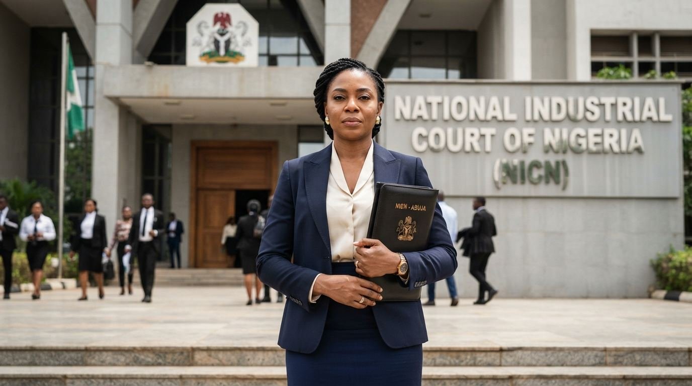 A Nigerian lawyer standing before the National Industrial Court of Nigeria building.