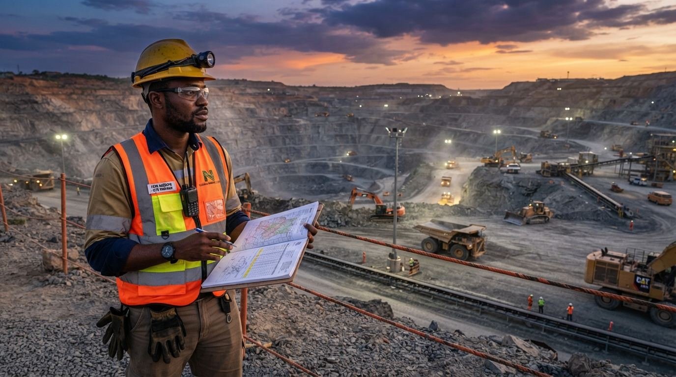 A Nigerian site engineer reviewing documents at a solid-minerals mining concession at dusk.