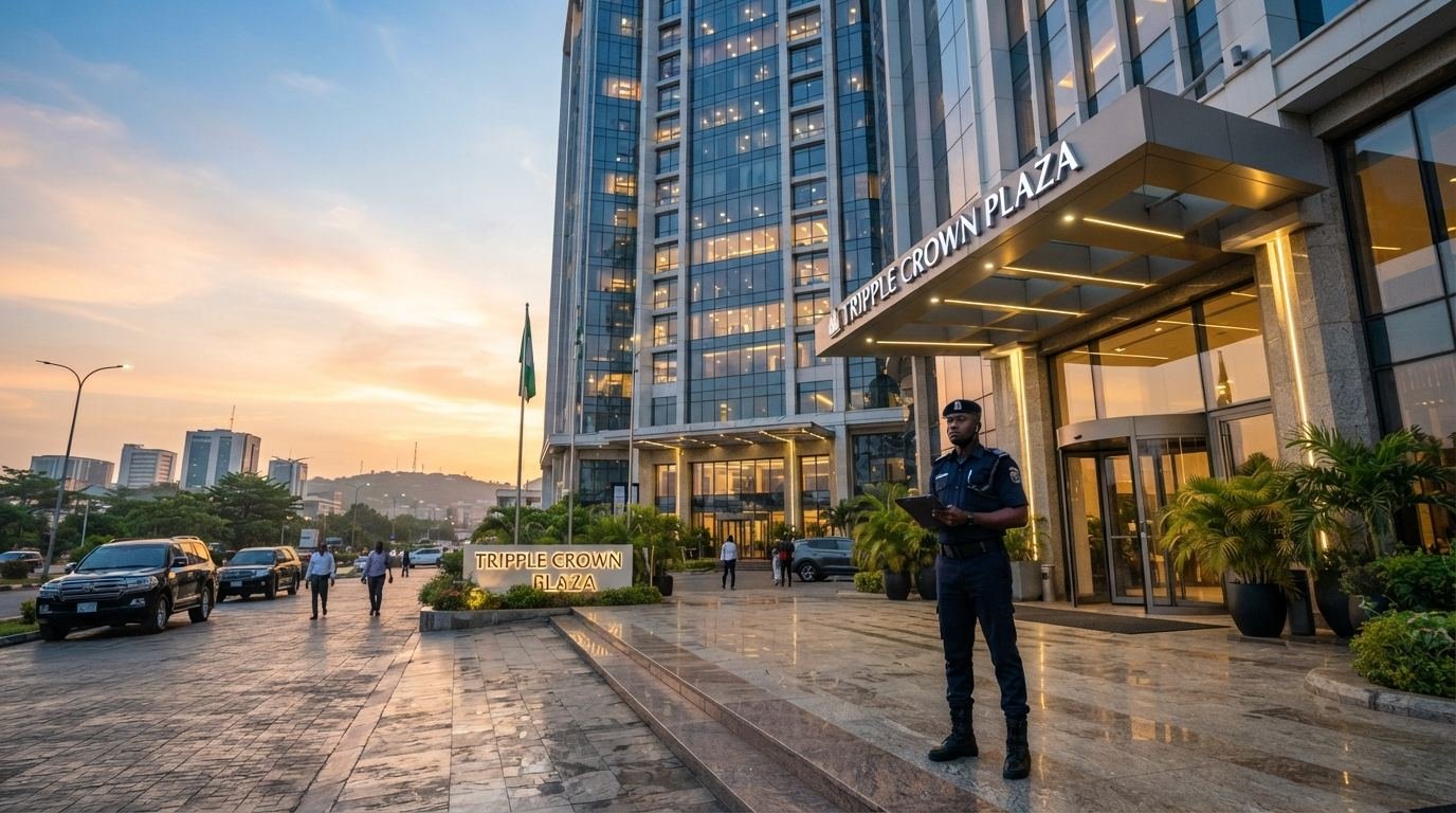 A commercial office tower in Abuja's Central Business District, a Nigerian security officer standing at the entrance.