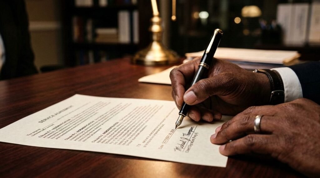 Close-up of hands signing a commercial service agreement with a fountain pen.