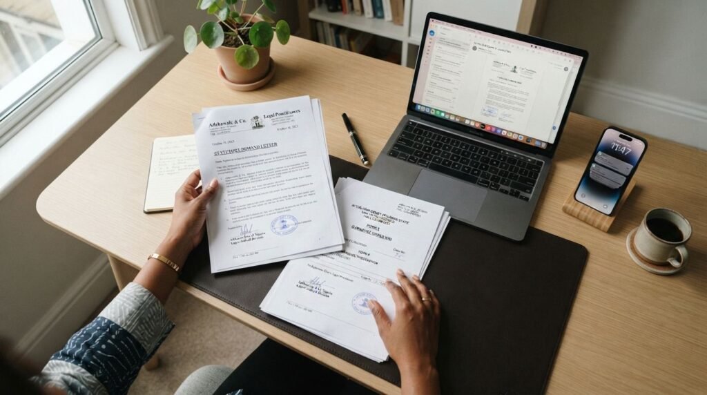 Overhead shot of a modern desk with statutory demand letters, garnishee forms and a laptop.
