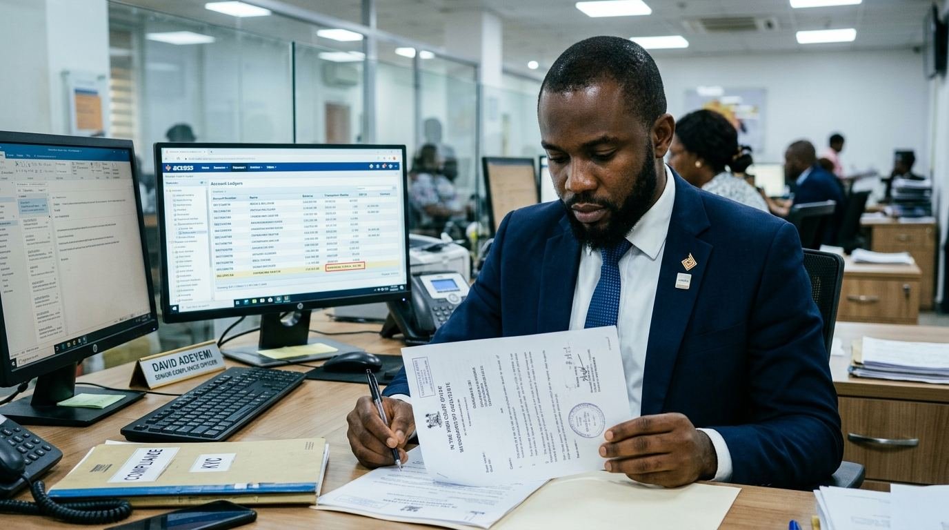A Nigerian bank compliance officer reviewing a garnishee order at his desk.