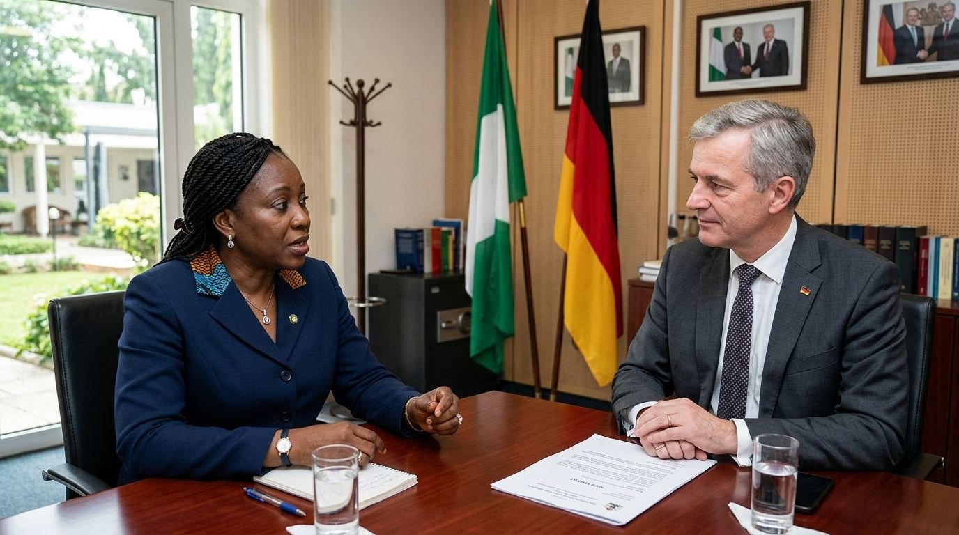 A Nigerian lawyer and a foreign diplomat in conversation over a note verbale document, national flags in the background.