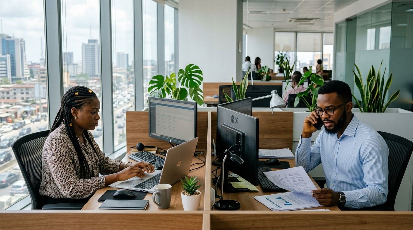 Two Nigerian office employees at adjacent workstations.