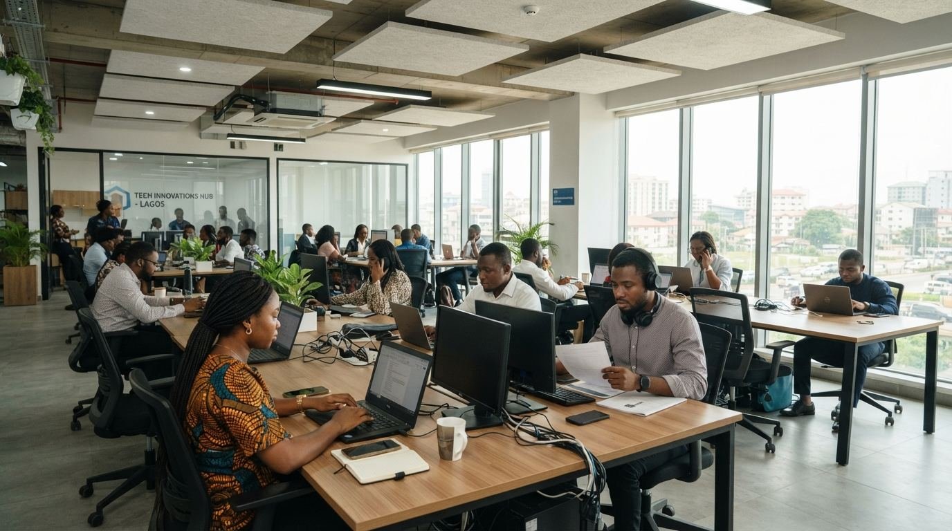 Nigerian employees at workstations in a modern open-plan office.