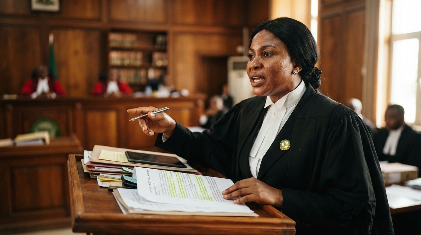 A Nigerian appellate lawyer arguing before the bench in a courtroom.
