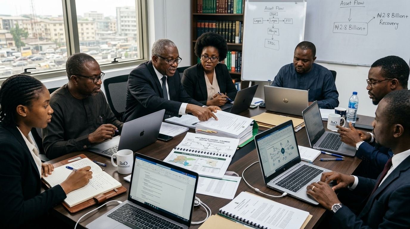 A Nigerian legal team reviewing a court judgment and asset-tracing report around a conference table.