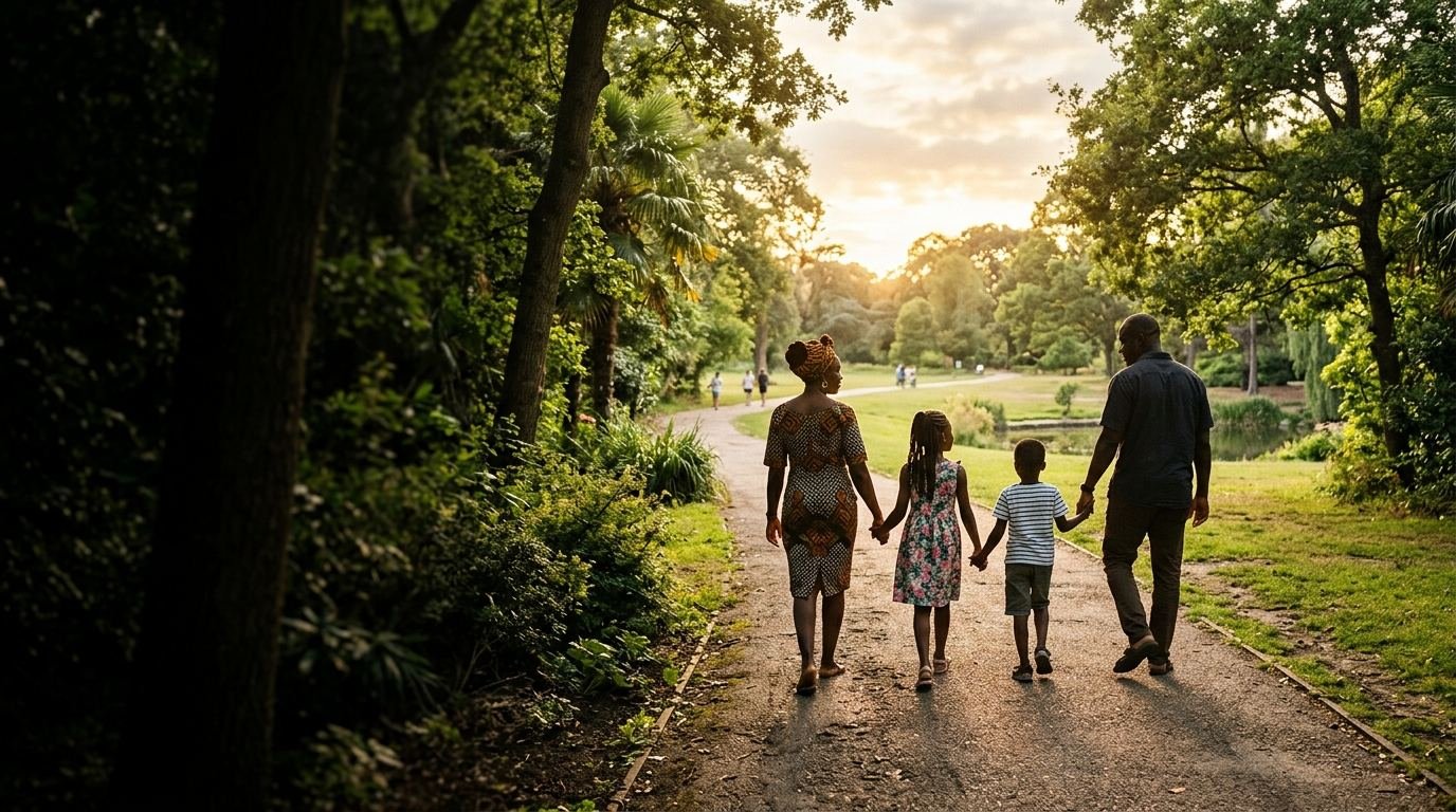 A Nigerian family walking together in a sunlit park.