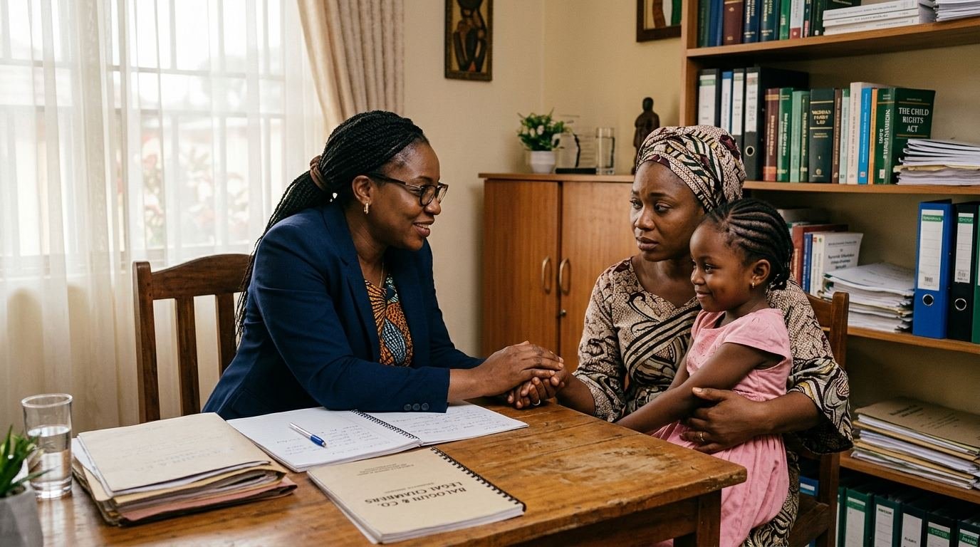 A Nigerian family law counsel reassuring a mother and child at a consultation.
