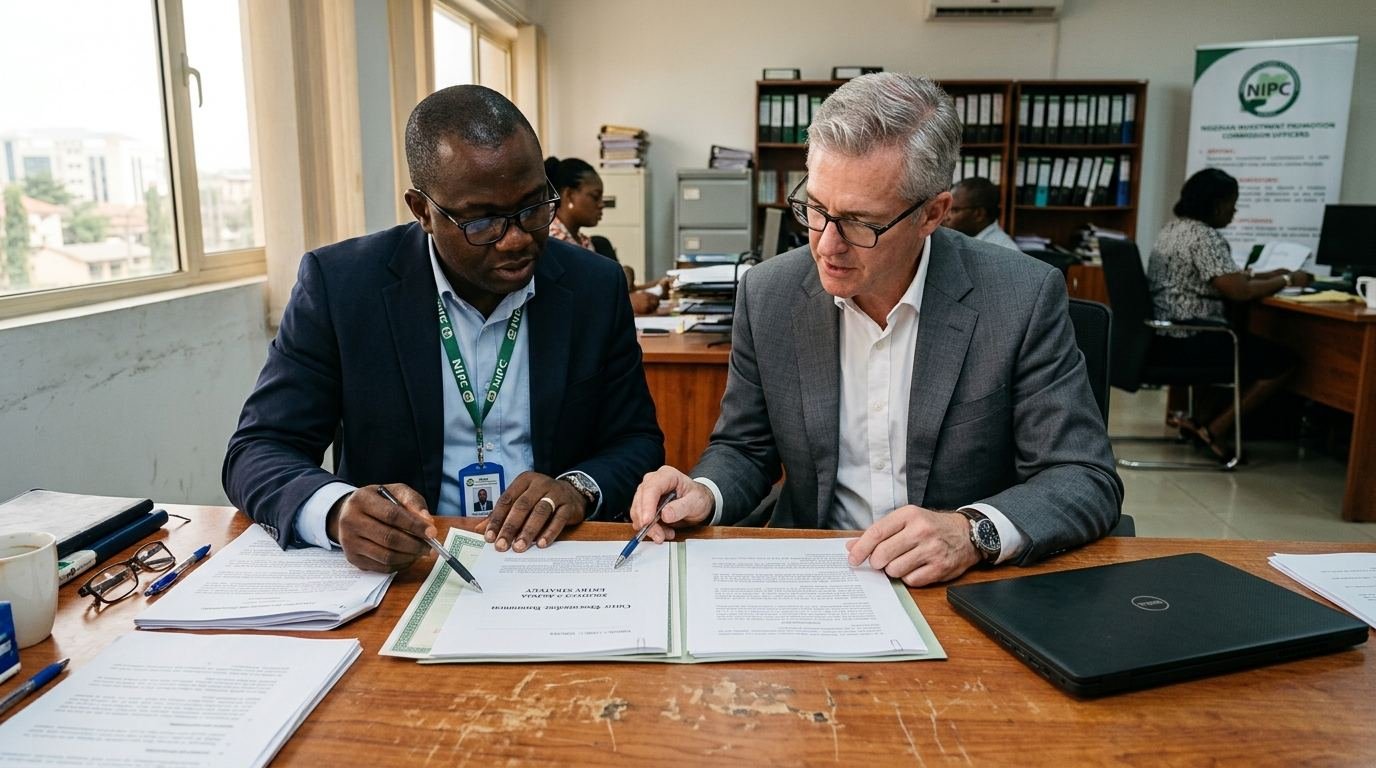 A NIPC compliance officer and a foreign investor reviewing capital-importation and entry-structuring documents.