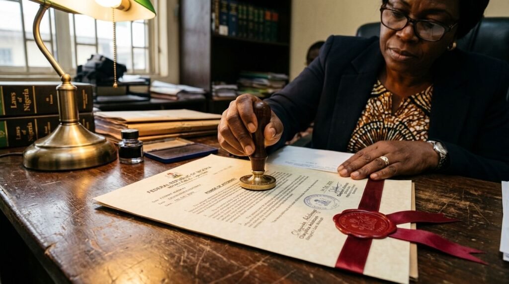 A Nigerian notary public stamping and sealing a legal document with a red wax seal.