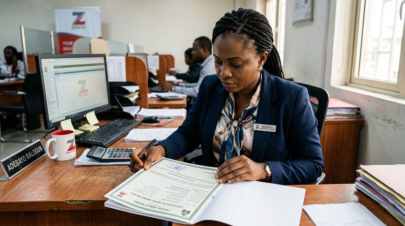 A Nigerian bank officer reviewing a Certificate of Capital Importation document.