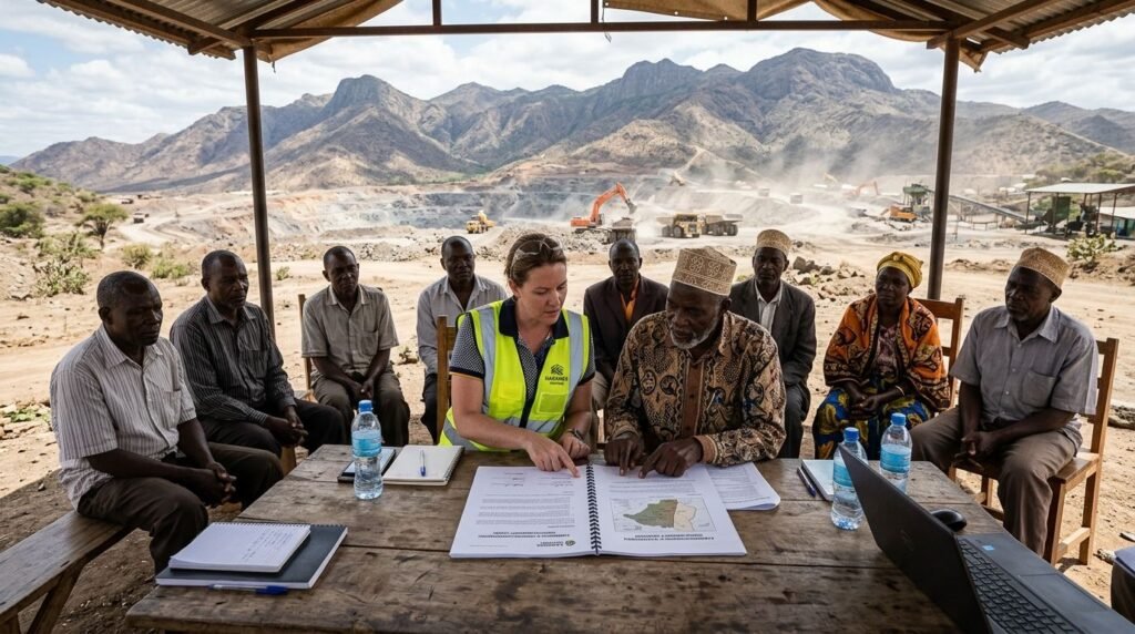 A mining operator representative and community elders reviewing a Community Development Agreement.