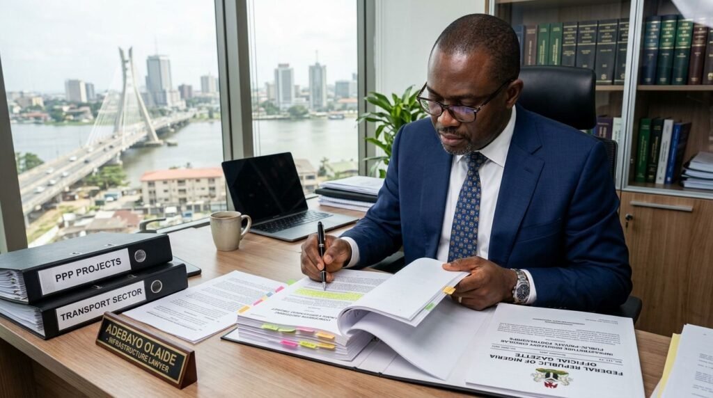 A Nigerian infrastructure lawyer reviewing a concession agreement beside a government gazette.