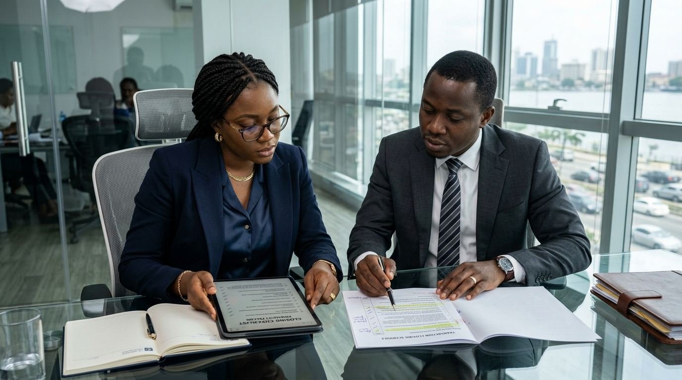 Two Nigerian lawyers reviewing a closing checklist on a tablet and printed schedule.