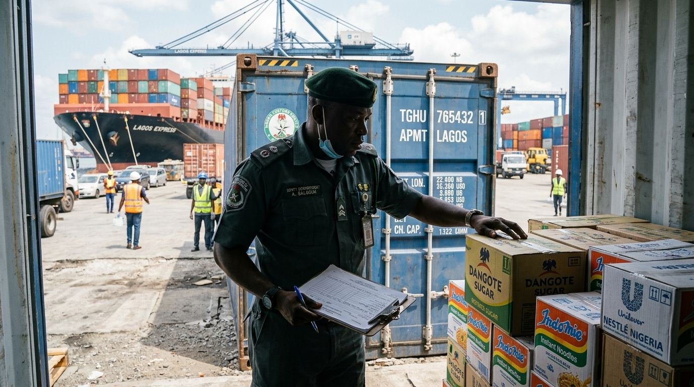 A Nigerian customs officer inspecting branded cartons at a busy port.