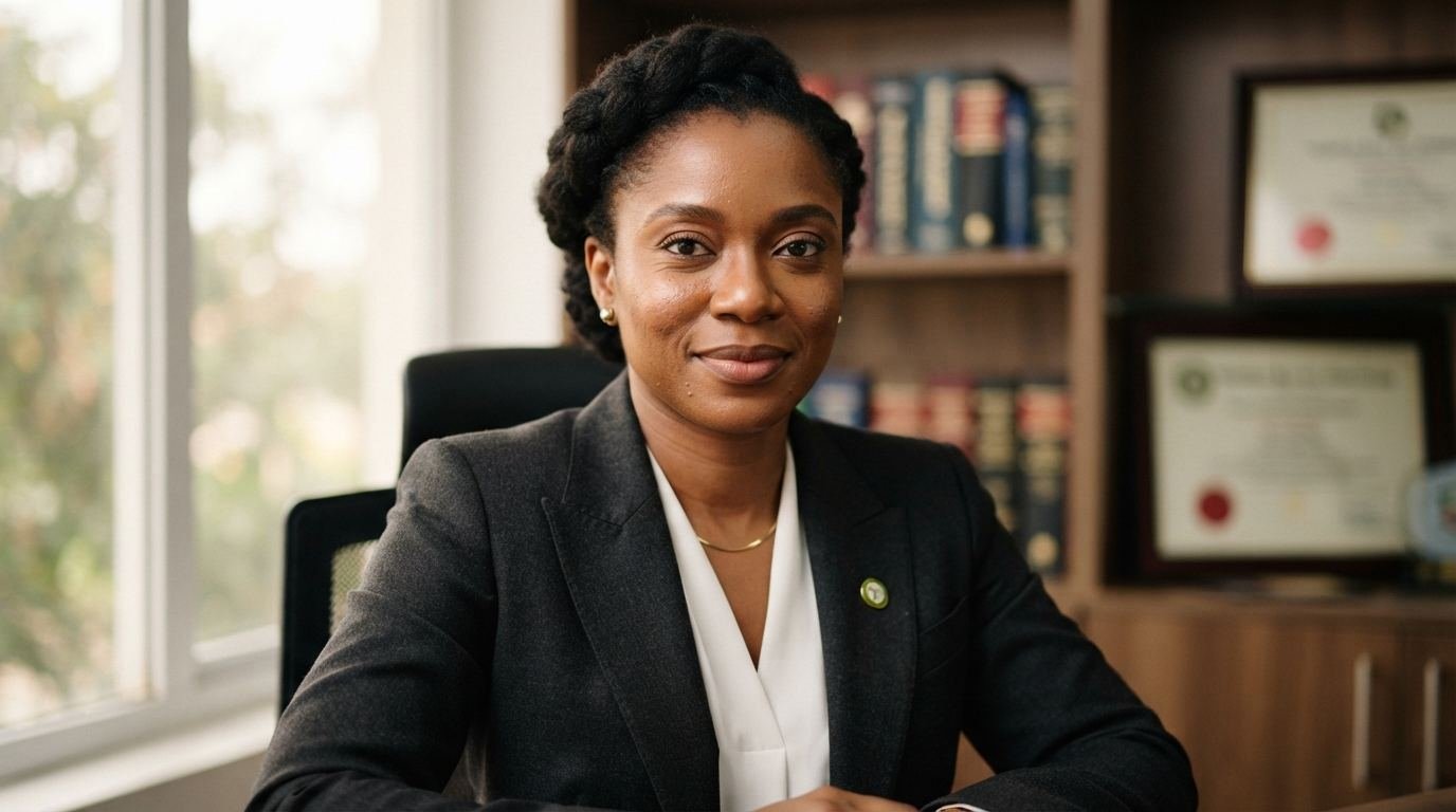 Nigerian lawyer, close-up portrait, editorial style.