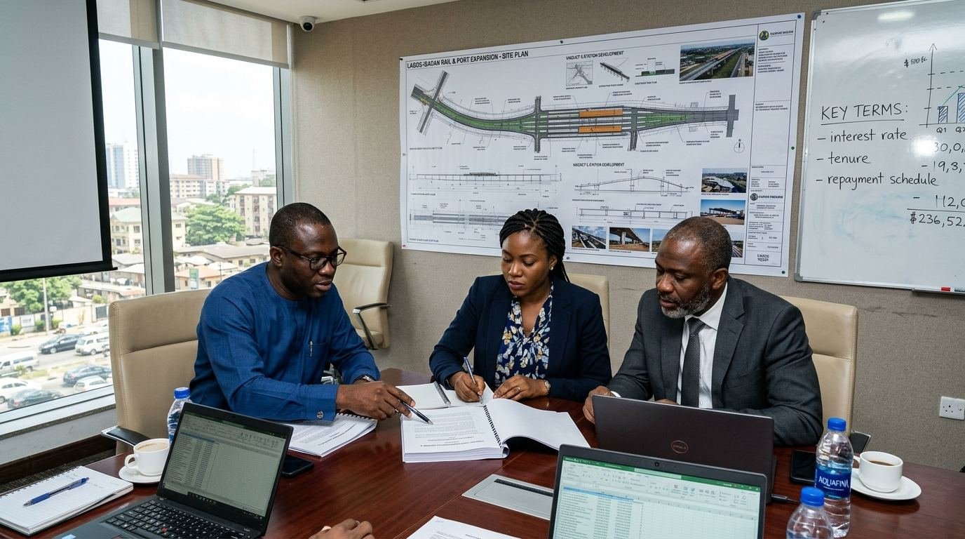 Nigerian professionals reviewing an infrastructure lending agreement in a boardroom.