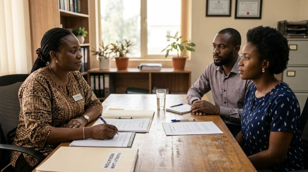 A Nigerian family law mediator sitting with a couple, reviewing documents.