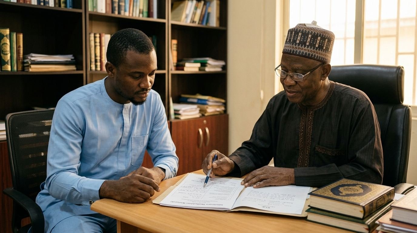 A Nigerian Islamic legal scholar and a family member reviewing an inheritance distribution document.
