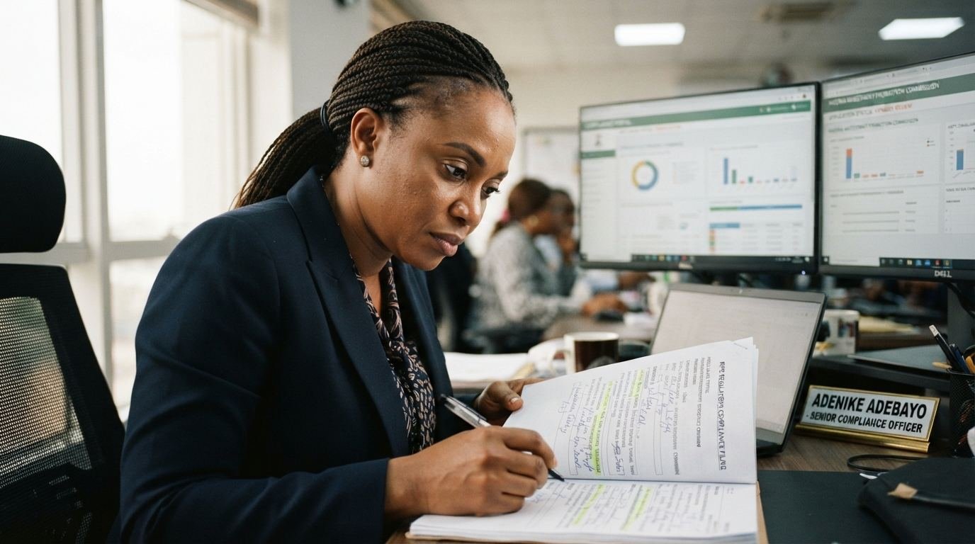 A Nigerian NIPC compliance officer reviewing a regulatory filing.