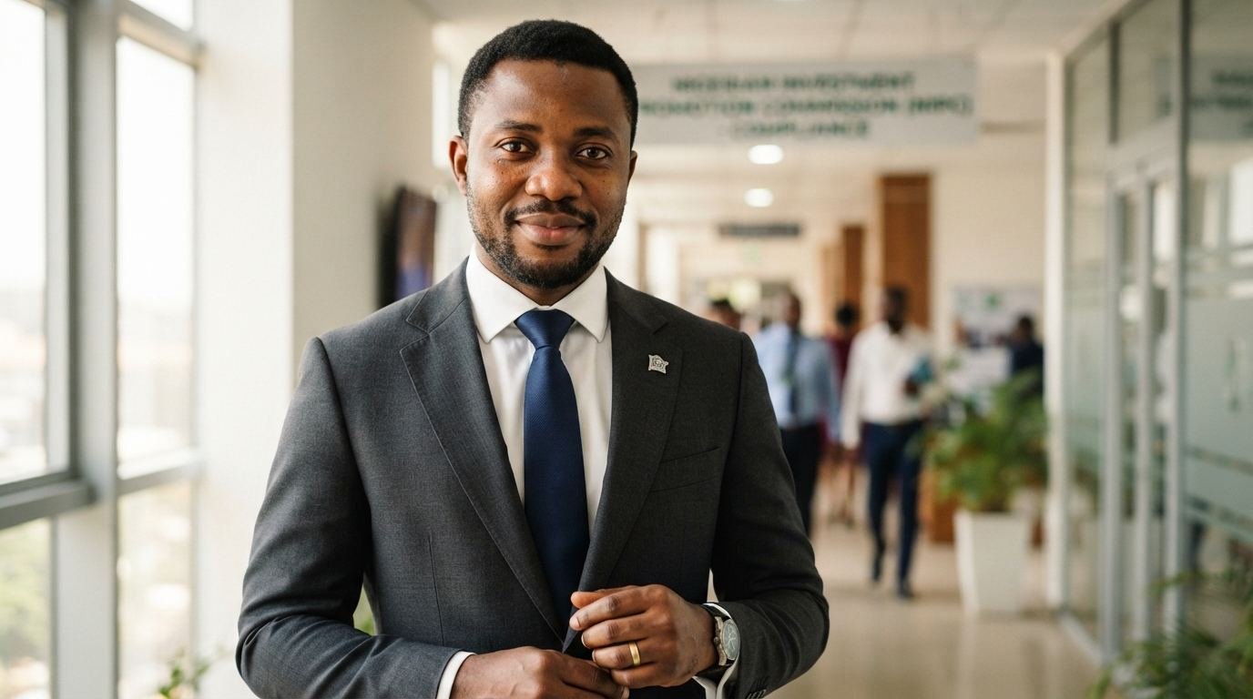 Nigerian investment lawyer in a modern office corridor.