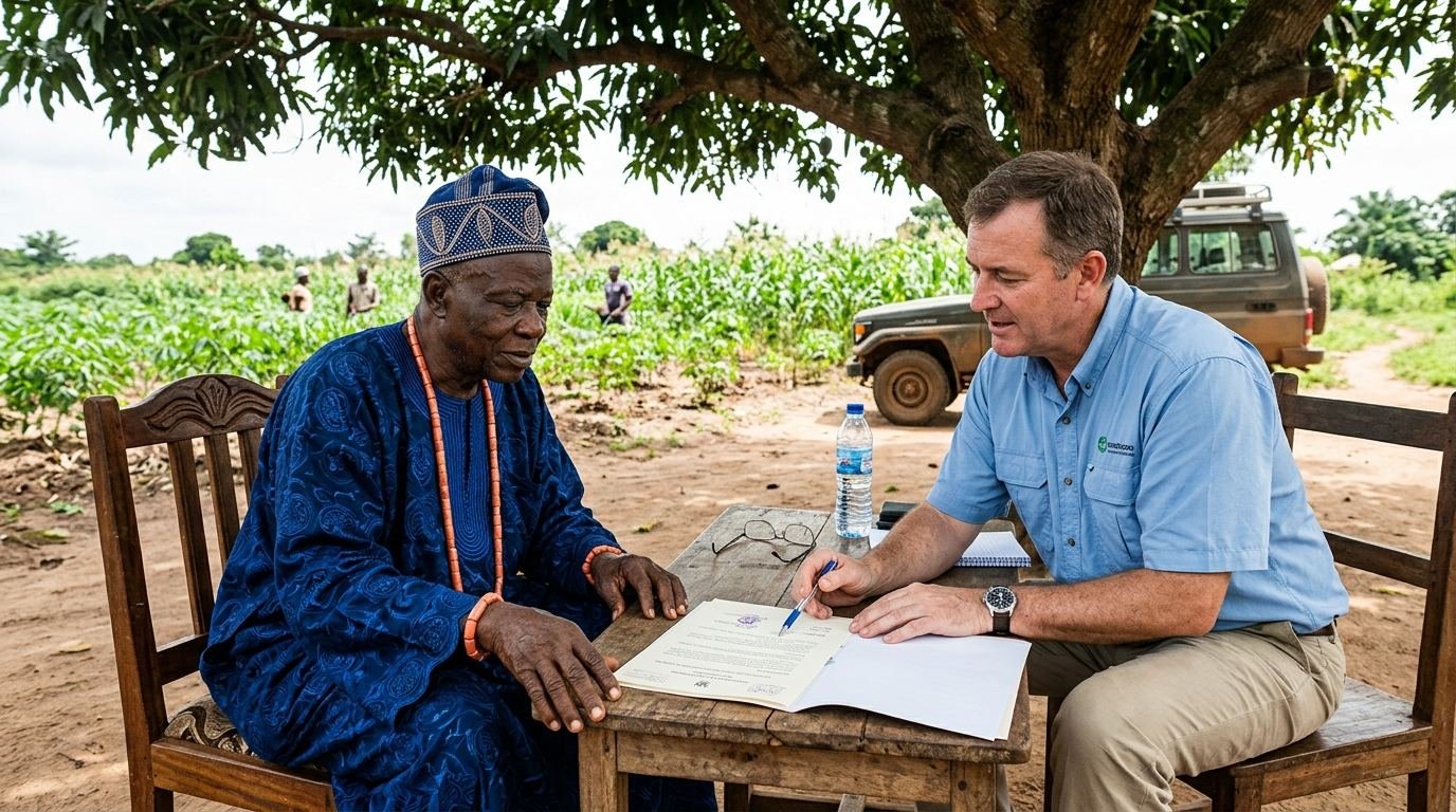 A Nigerian traditional ruler and a company representative discussing a land compensation document.
