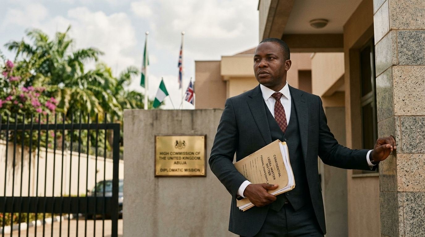 A Nigerian lawyer carrying legal files at the gate of a diplomatic mission.