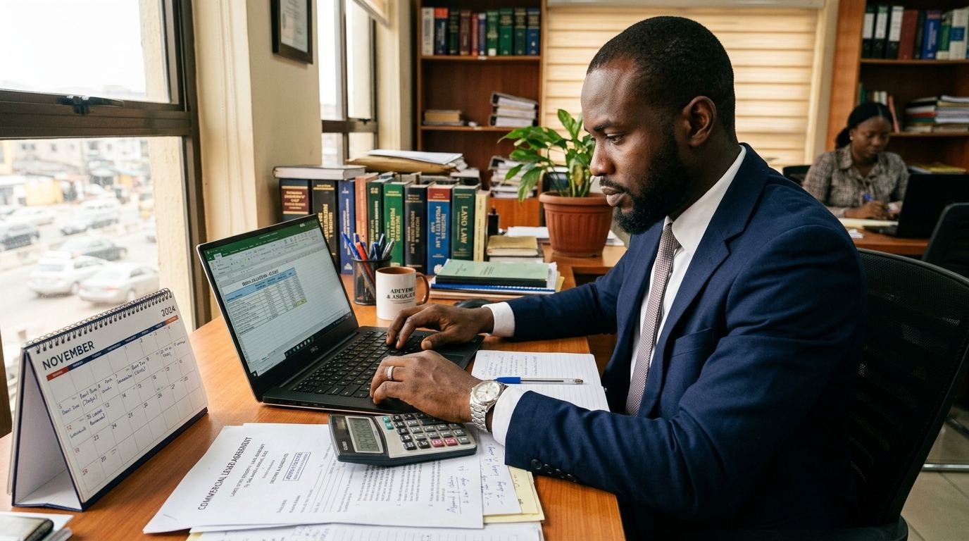 A Nigerian property lawyer calculating rental figures on a laptop with a lease agreement.