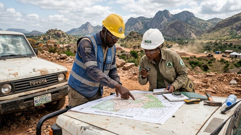 A Nigerian site surveyor and geologist examining a mineral title map at a mining concession.