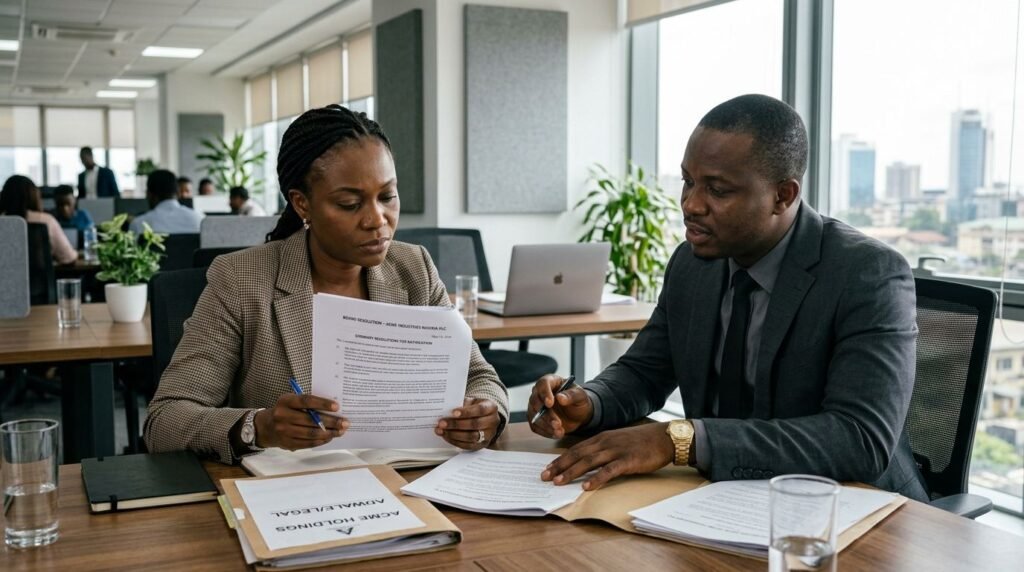 A Nigerian minority shareholder reviewing a board resolution with her lawyer.