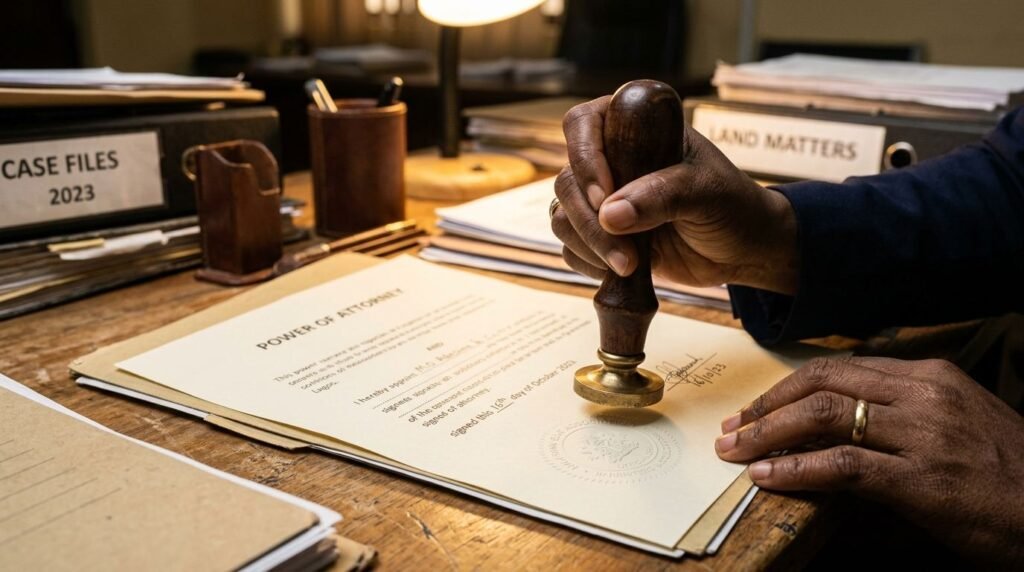A Nigerian lawyer stamping a power of attorney document with an official seal.