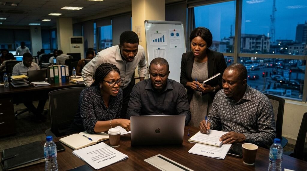 A Nigerian compliance team in an urgent meeting reviewing a regulatory notice on a laptop.