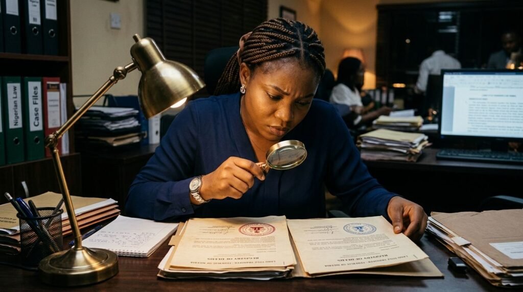 A Nigerian legal assistant comparing document seals with a magnifying glass.