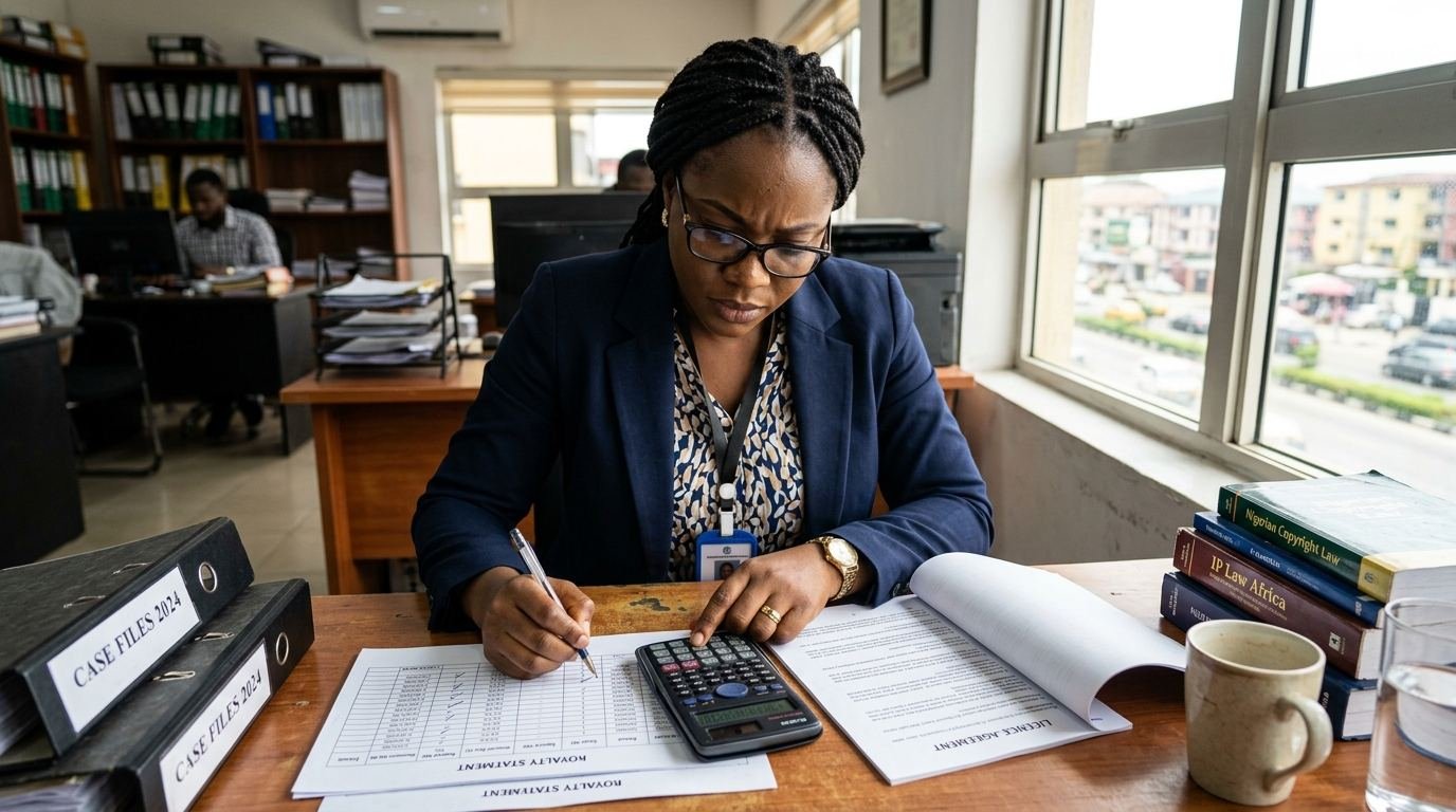 A Nigerian IP lawyer reviewing a royalty statement with a calculator.