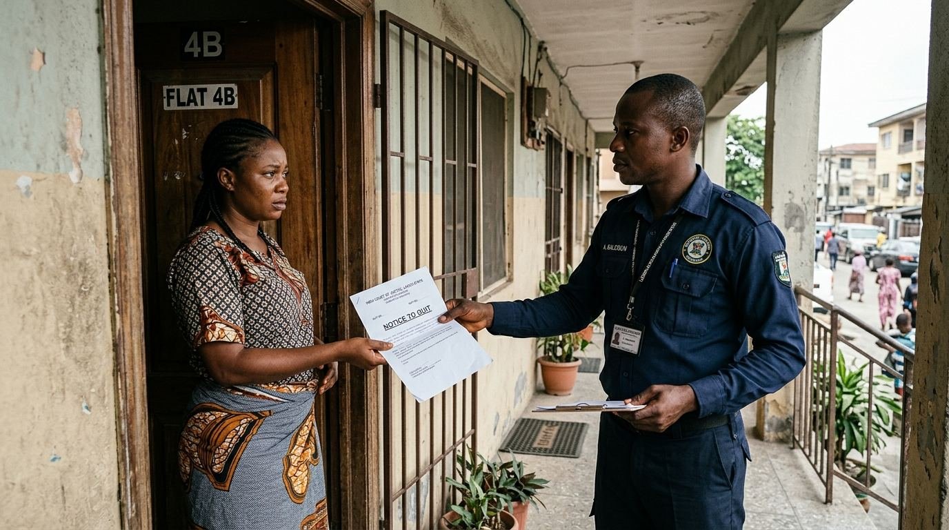 A Nigerian process server handing a notice-to-quit document to a tenant at her door.