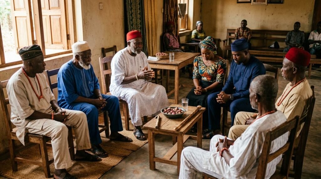 Nigerian community elders and family members seated in a circle during a reconciliation meeting.