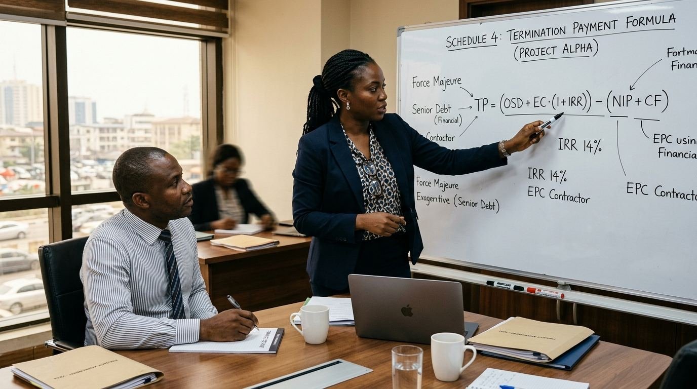 A Nigerian project-finance lawyer presenting a termination-payment formula on a whiteboard.