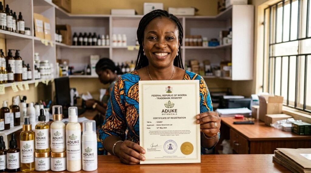 A Nigerian brand owner holding a trademark registration certificate in her shop.
