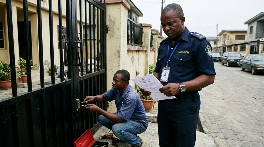 A Nigerian court bailiff holding a warrant of possession while a locksmith changes the gate lock.