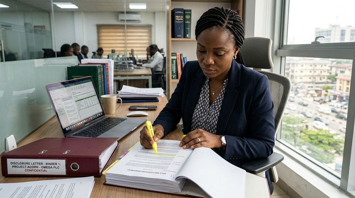 A Nigerian M&A lawyer highlighting a clause in a printed sale agreement.