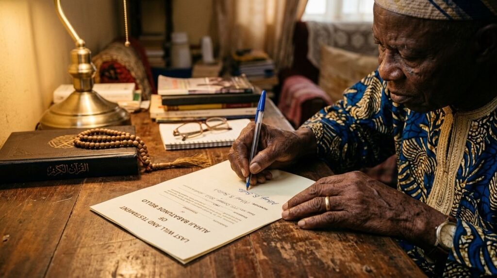 A Nigerian elder’s hands writing an Islamic will beside a Quran and prayer beads.