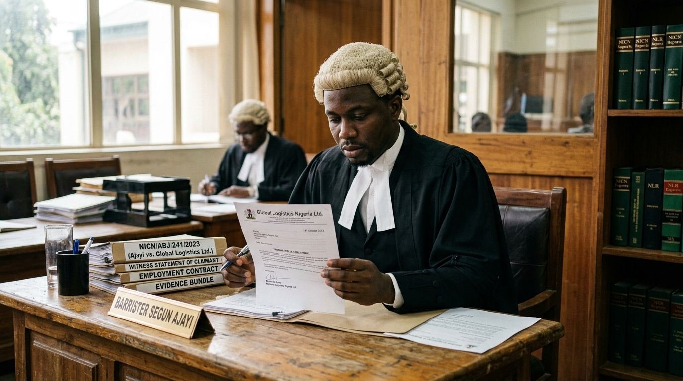 A Nigerian barrister reviewing a termination-of-employment document at the National Industrial Court.