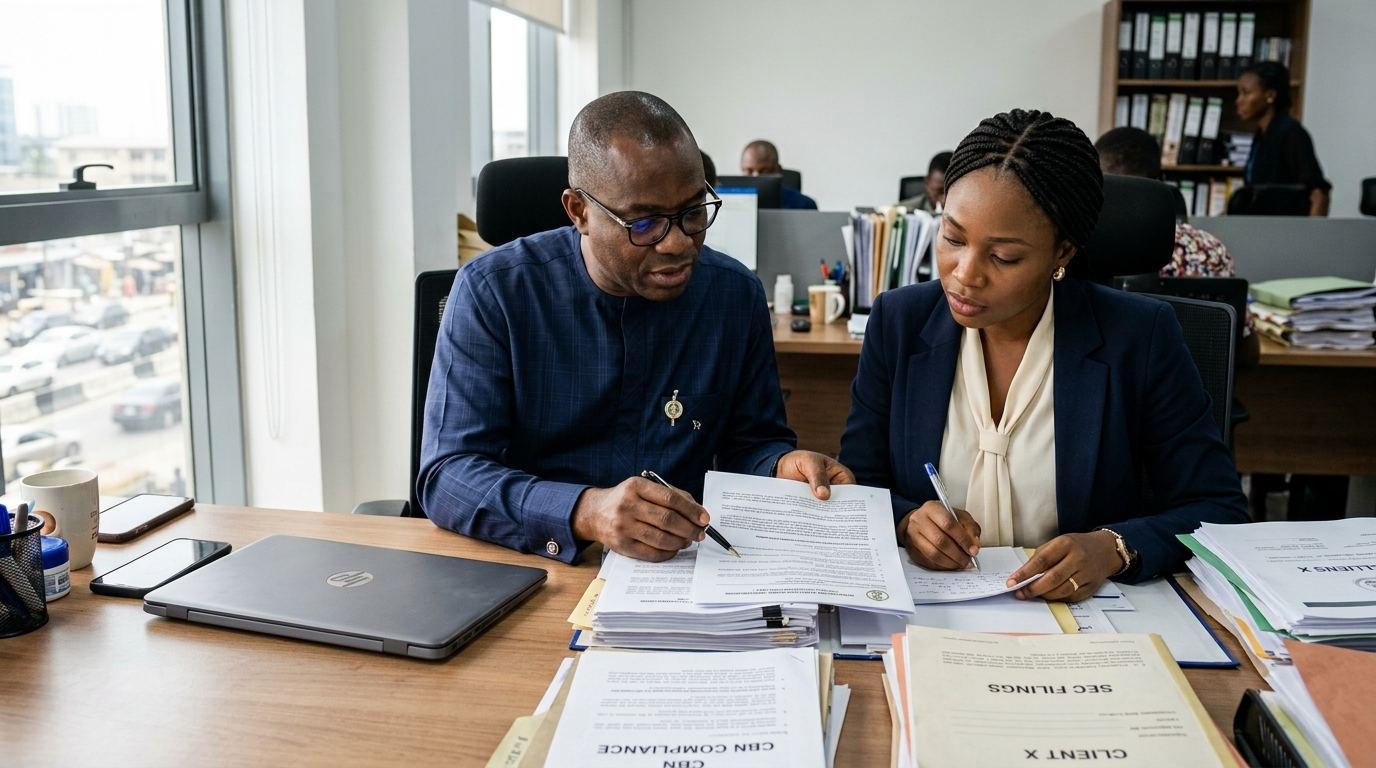 A Nigerian compliance officer and legal counsel reviewing a regulatory filing together at a desk.