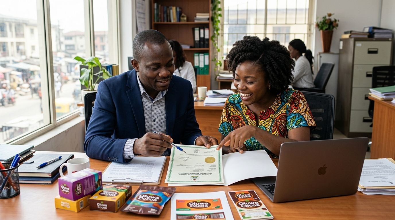 A Nigerian brand owner and IP lawyer reviewing a trademark registration certificate together, with branded packaging on the desk.