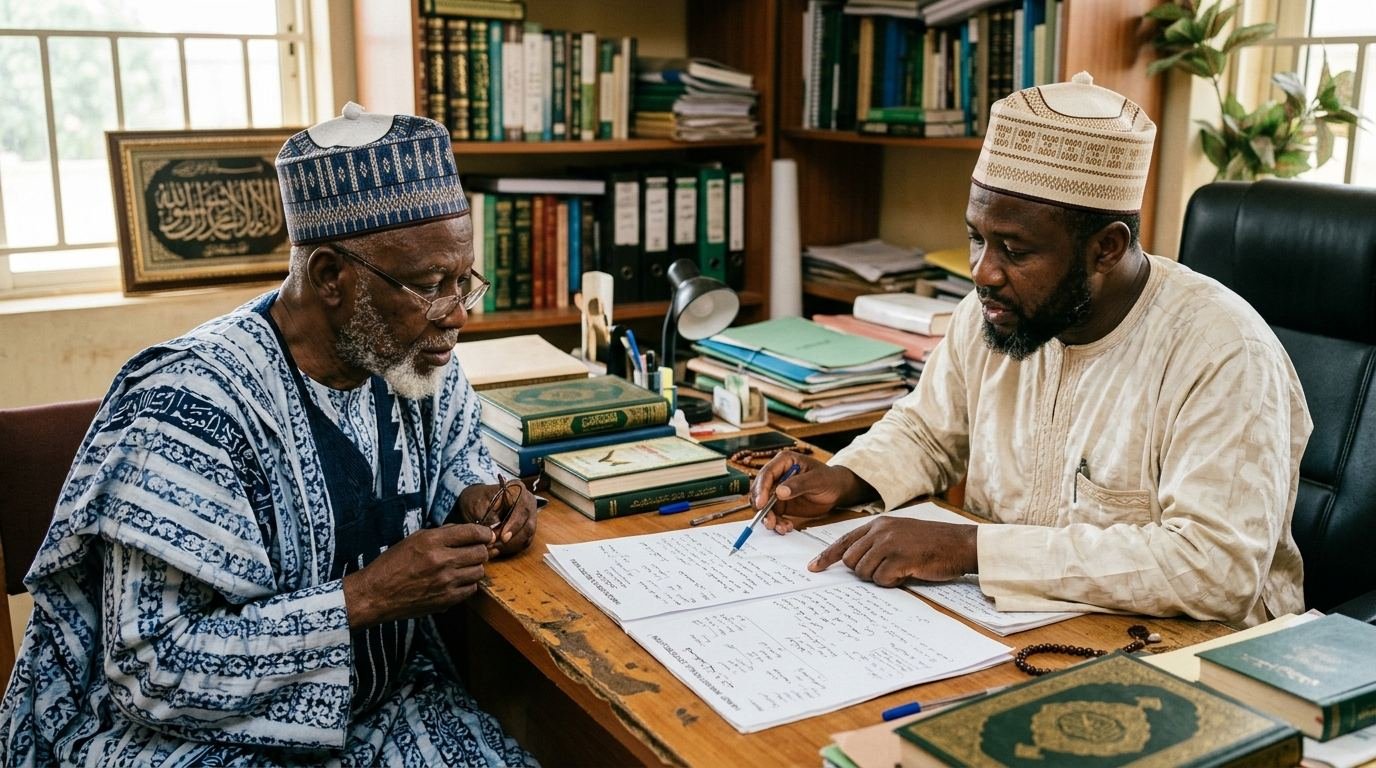 A Nigerian Islamic legal scholar and a family elder reviewing a Faraid inheritance distribution document.