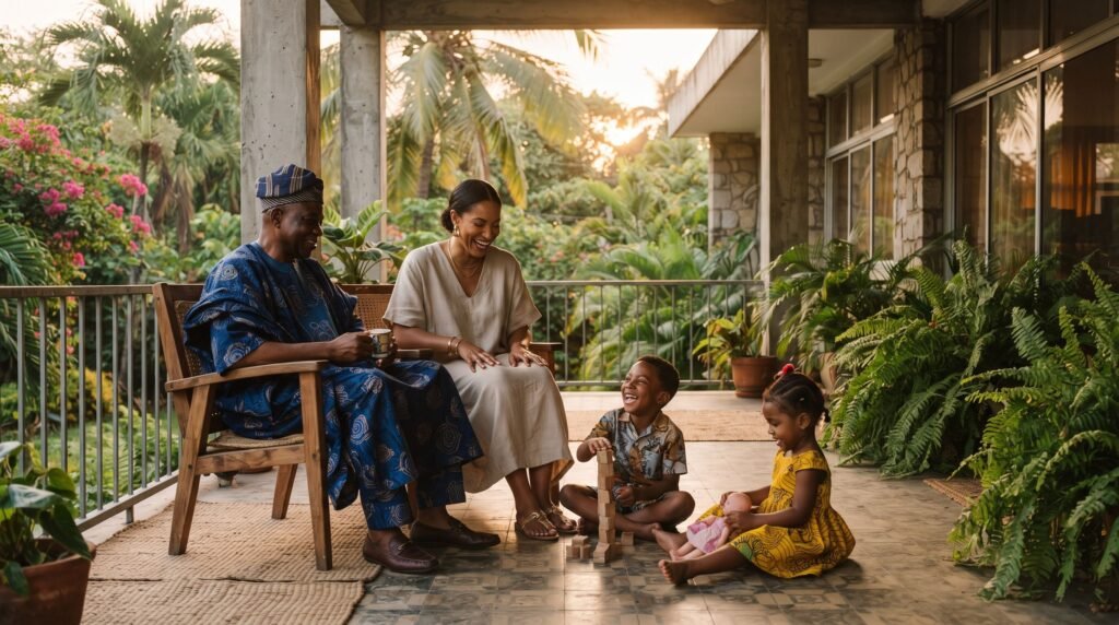 A Nigerian family gathered on a veranda at golden hour.